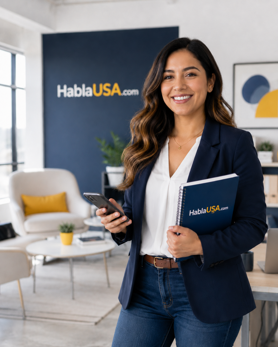 Mujer hispanohablante estudiando inglés práctico con branding HablaUSA.com